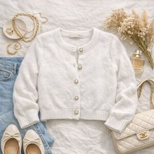 Nanette Lepore White Fuzzy Cropped Cardigan